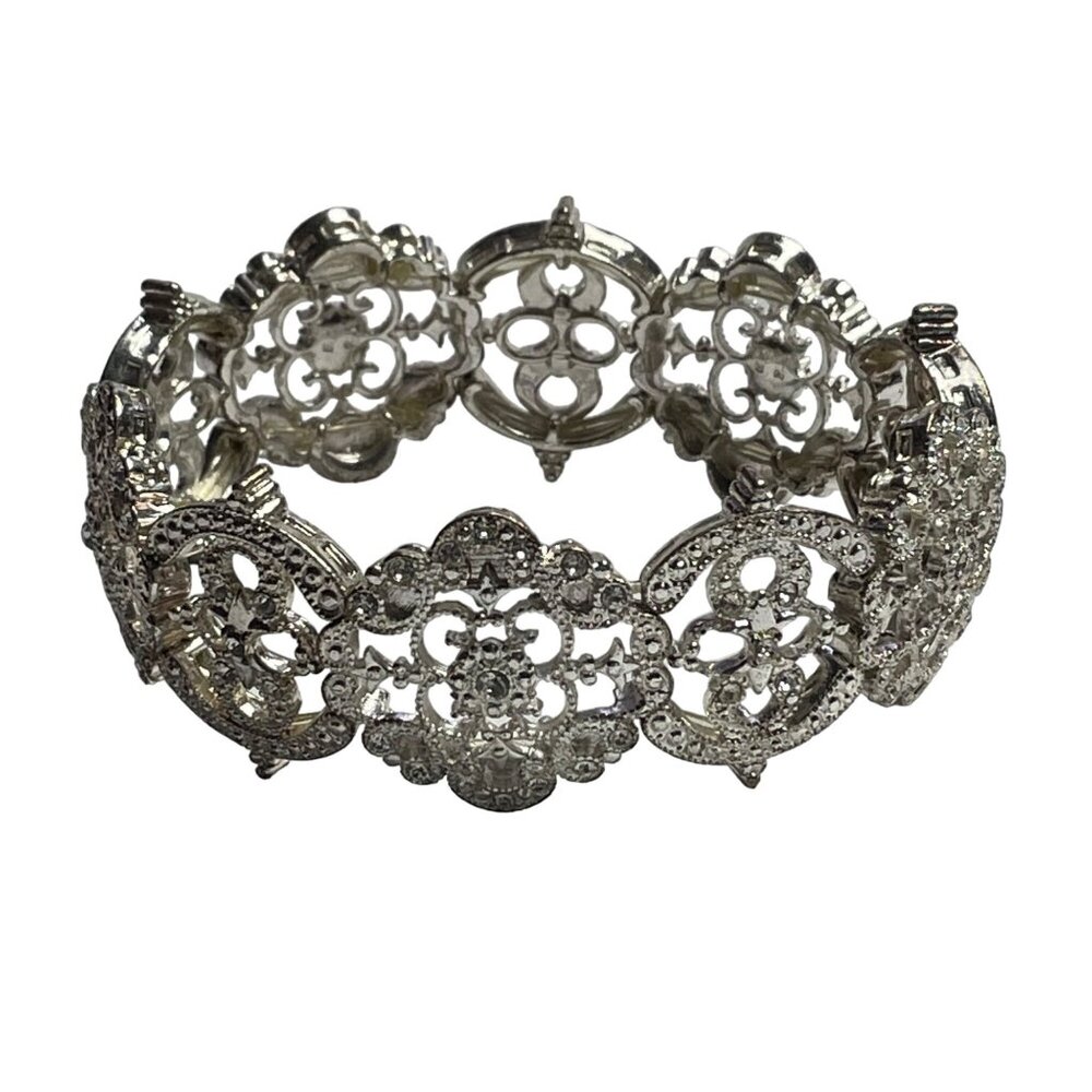 Vintage Bracelet Silver Tone Filigree Stretch Floral Design Elegant Jewelry Gift